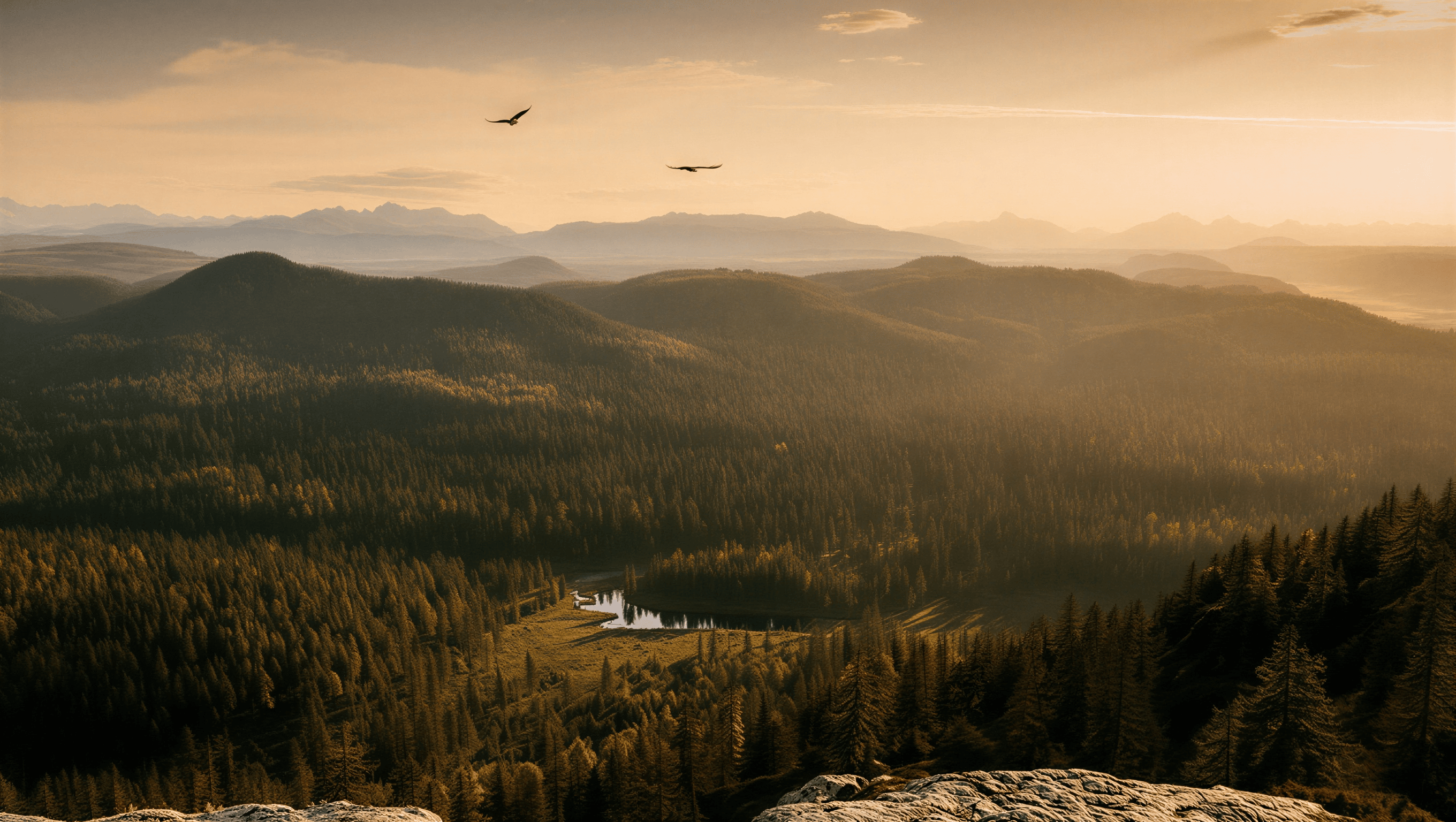 Paysage de montagnes et forêts au lever du soleil